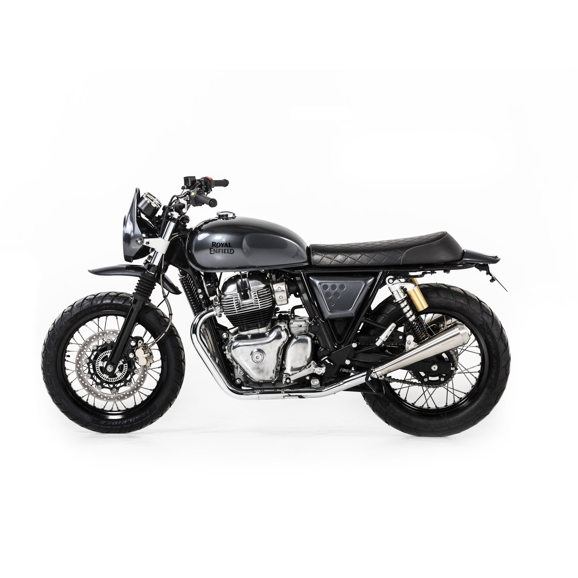 Royal Enfield 650 de profil, équipée de pièces Motographe 