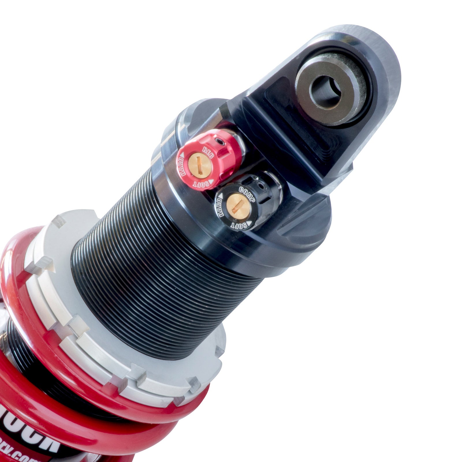 Shock Factory M-SHOCK 2, les deux molettes de réglage : détente (rouge) et compression (noire) 